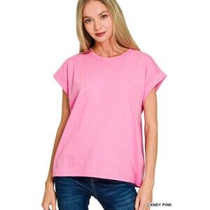 CT-3381Y CP Zenana Round Neck Folded Short Sleeve T-Shirt Candy Pink Var Sizes